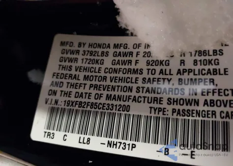 2012 Honda Civic Ex z USA, uszkodzony, nr VIN 19XFB2F85CE331200